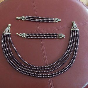 Pearl & Crystals Necklace & 2 Bracelets Set